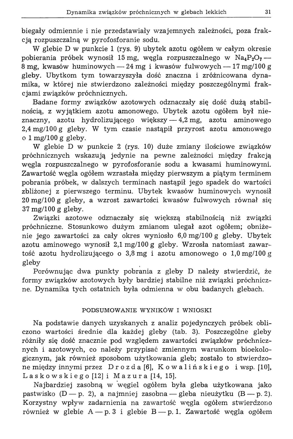 Dynamika związków próchnicznych w glebach lekkich 31 biegały odm iennie i nie przedstaw iały w zajem nych zależności, poza fra k cją rozpuszczalną w pyrofosforanie sodu. W glebie D w punkcie 1 (rys.