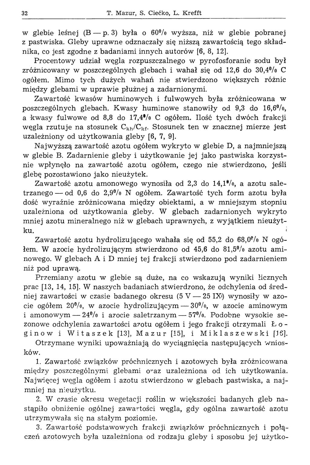 32 T. Mazur, S. Ciećko, L. Krefft w glebie leśnej (В p. 3) była о 60 /о wyższa, niż w glebie pobranej z pastw iska.