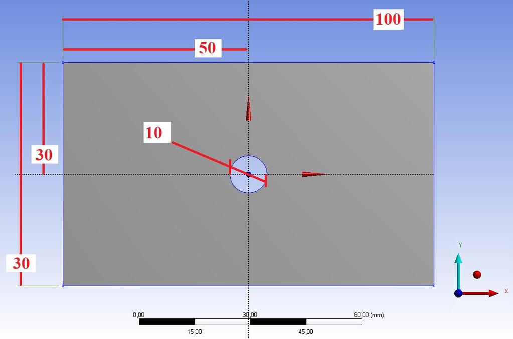 1. Przygotowanie geometrii Wykorzystując zdobytą wiedzę opracuj w środowisku ANSYS DesignModeler geometrię 2D, zgodnie z rysunkiem (wymiary w mm) zacznij od zmiany jednostek w DesignModeler na mm!
