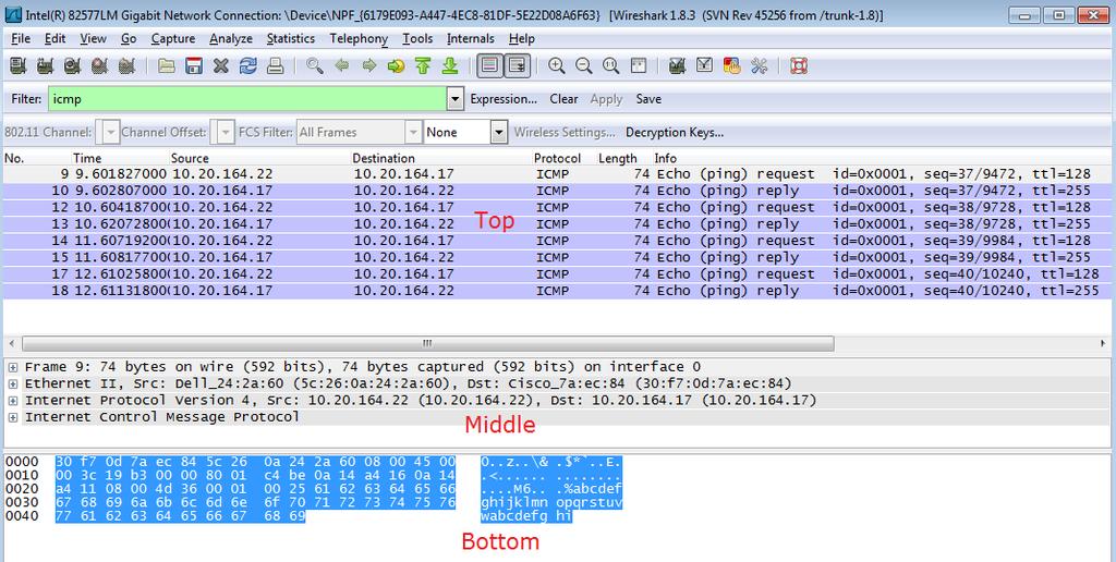 Krok 3. Przefiltruj zawartość okna Wireshark, tak aby pokazywał tylko ruch ICMP. W celu zablokowania wyświetlania niechcianego ruchu w programie Wireshark można użyć filtrów.
