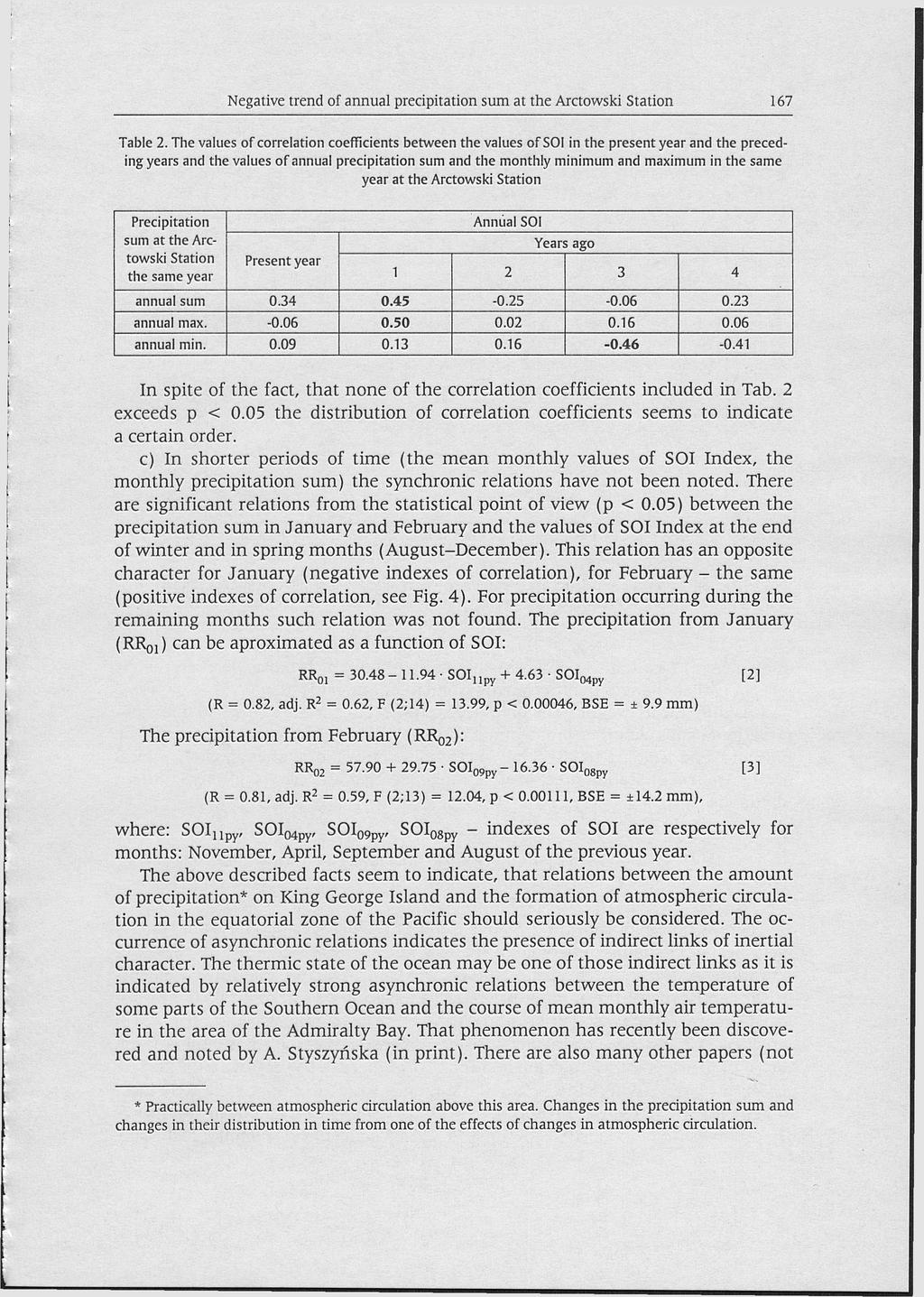 Negative trend of annual precipitation sum at the Arctowski Station 167 Table 2.