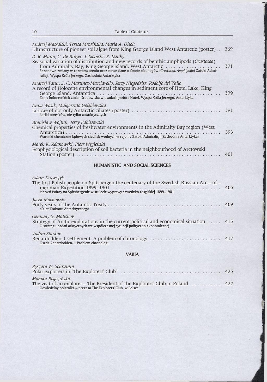 10 Table of Contents Andrzej Massalski, Teresa Mrozińska, Maria A. Olech Ultrastructure of pioneer soil algae from King George Island West Antarctic (poster). 369 D. R. Murin, С. De Broyer, J.