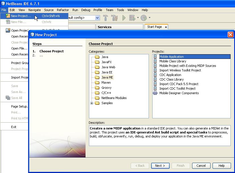 NetBeans Nowy Projekt Warto wybrać te zawierające już Java ME.
