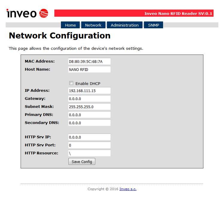 Następnie wybrać menu NETWORK (Domyślny użytkownik i hasło: admin/admin00) Konfiguracja połączenia sieciowego Do zmiany ustawień sieciowych modułu służą pola: MAC Address adres sieciowy MAC modułu -