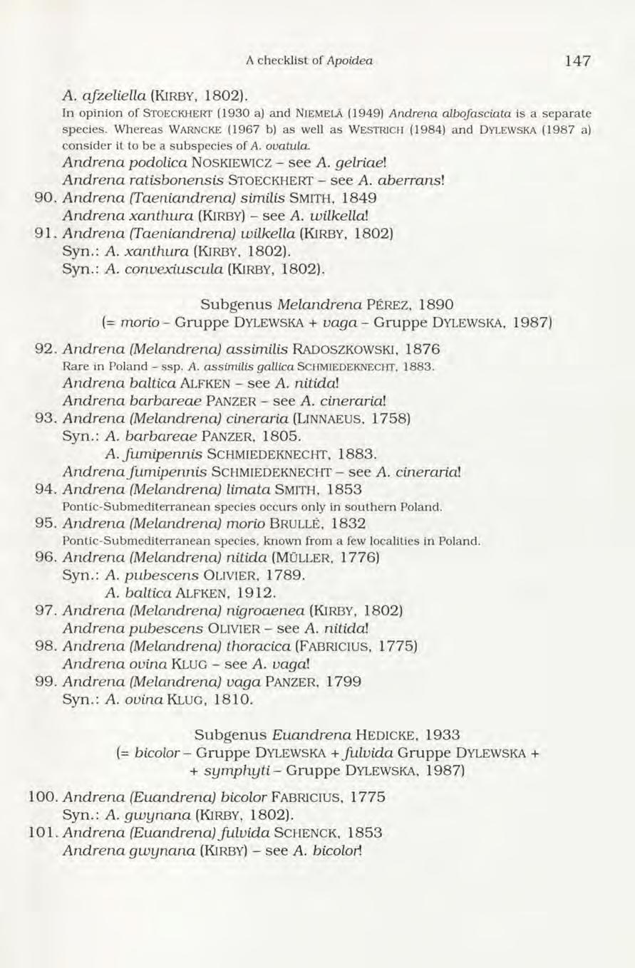 A. afzeliella (Kirby, 1802). A checklist of Apoidea 1 4 7 In o p in io n o f STOECKHERT (1930 a) a n d N ie m e la (1949) Andrena albofasciata is a s e p a r a t e s p e c ie s.