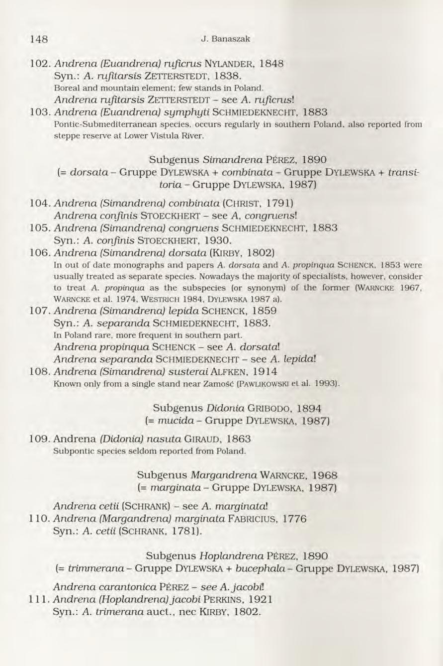 148 J. B anaszak 102. Andrena (Euandrena) mjlcrus Nylander, 1848 Syn.: A. rufitarsis ZETTERSTEDT, 1838. Boreal and m ountain elem ent; few stan d s in Poland. Andrena rufitarsis ZETTERSTEDT - see A.