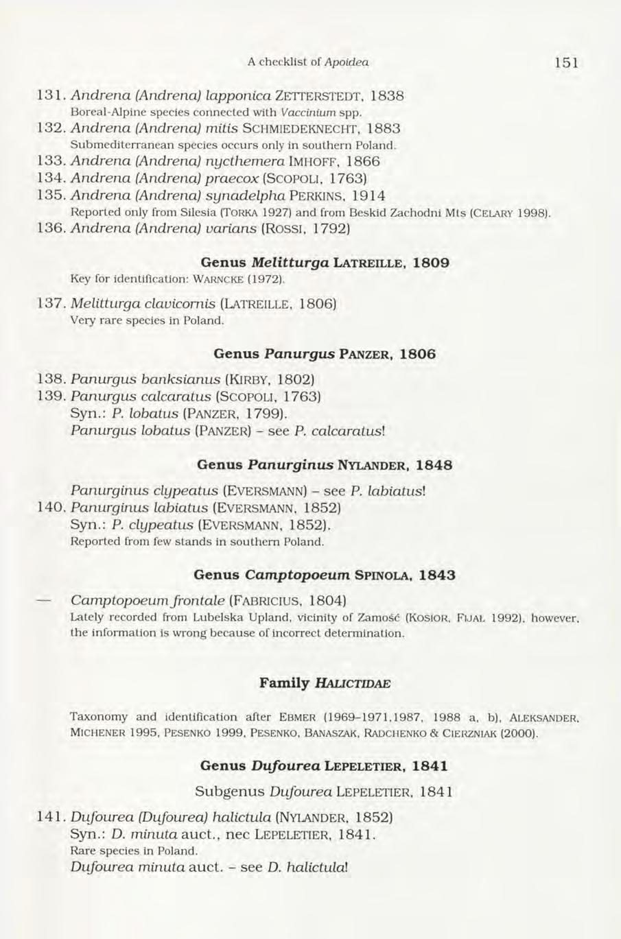 A checklist of Apoidea 151 131. Andrena (Andrena) lapponica ZETTERSTEDT, 1838 Boreal-Alpine species connected w ith Vaccinium spp. 132.