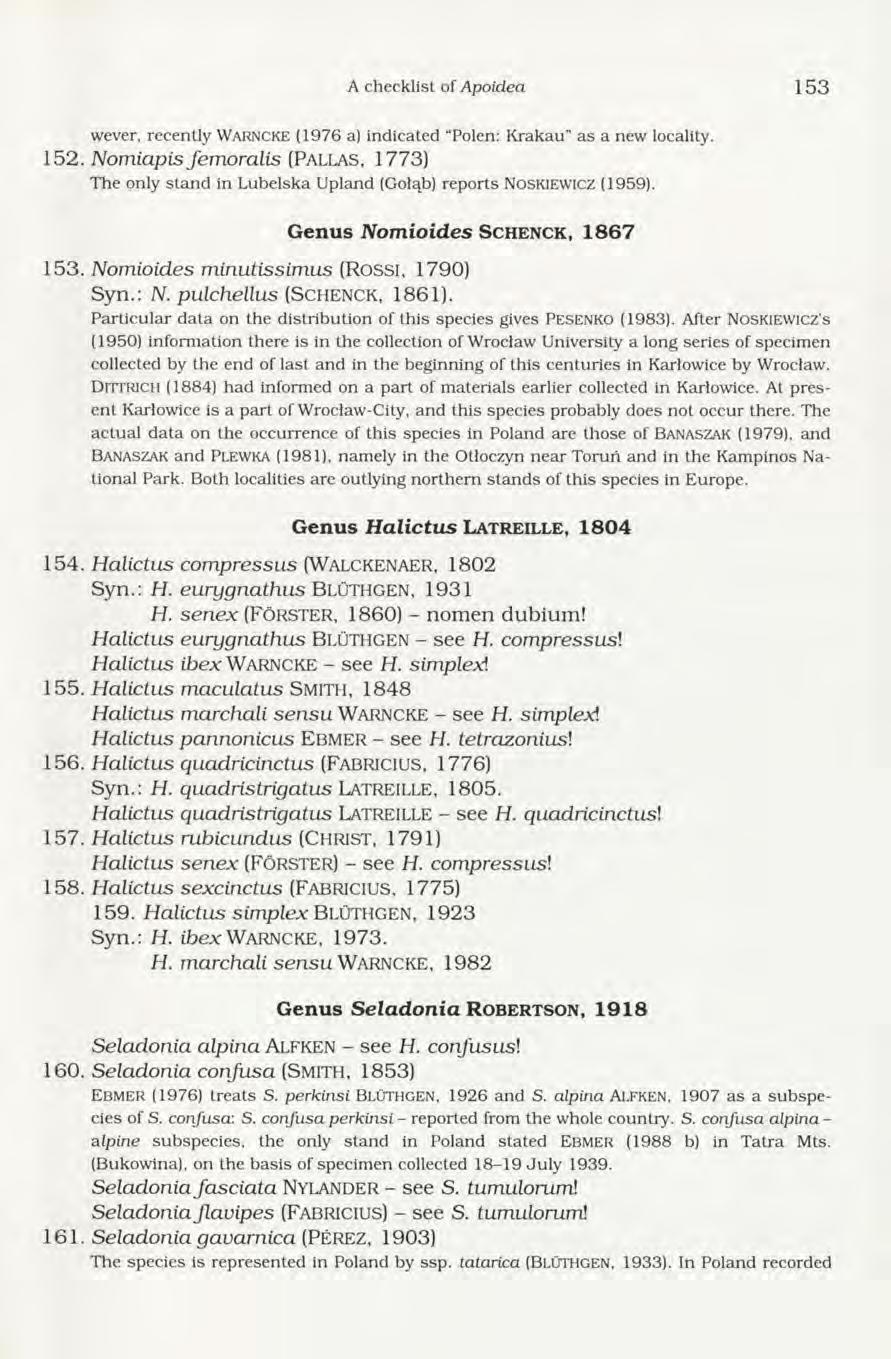 A checklist of Apoidea 1 53 wever, recently W a r n c k e (1976 a) indicated Polen: K rakau as a new locality. 1 5 2.
