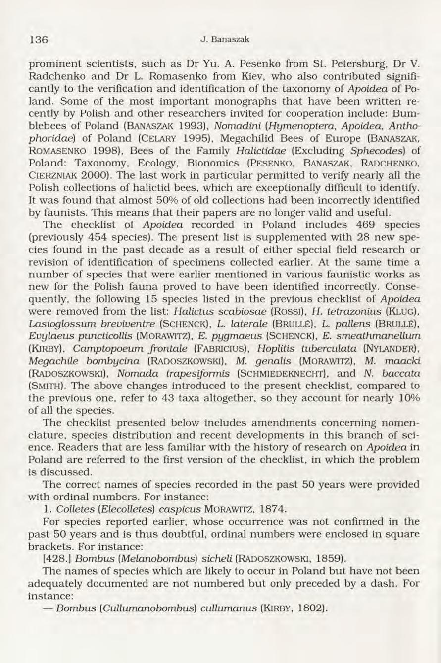 1 3 6 J. B anaszak prom inent scientists, such as Dr Yu. A. Pesenko from St. Petersburg, Dr V. R adchenko and Dr L.