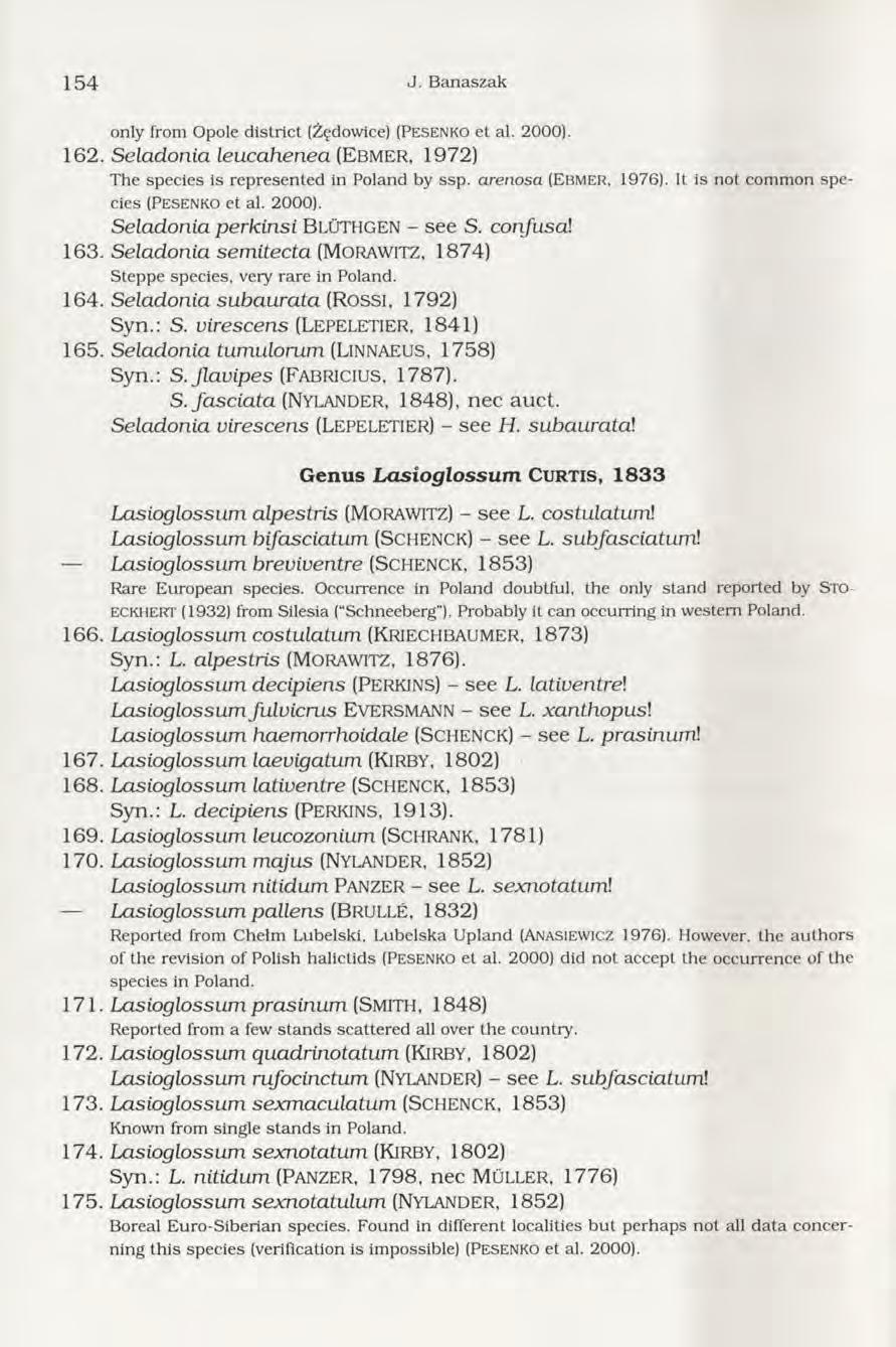 1 5 4 J. B anaszak o n ly fro m O p o le d i s t r i c t (Ż ęd o w ic e ) (PESENKO e t a l. 2 0 0 0 ). 162.