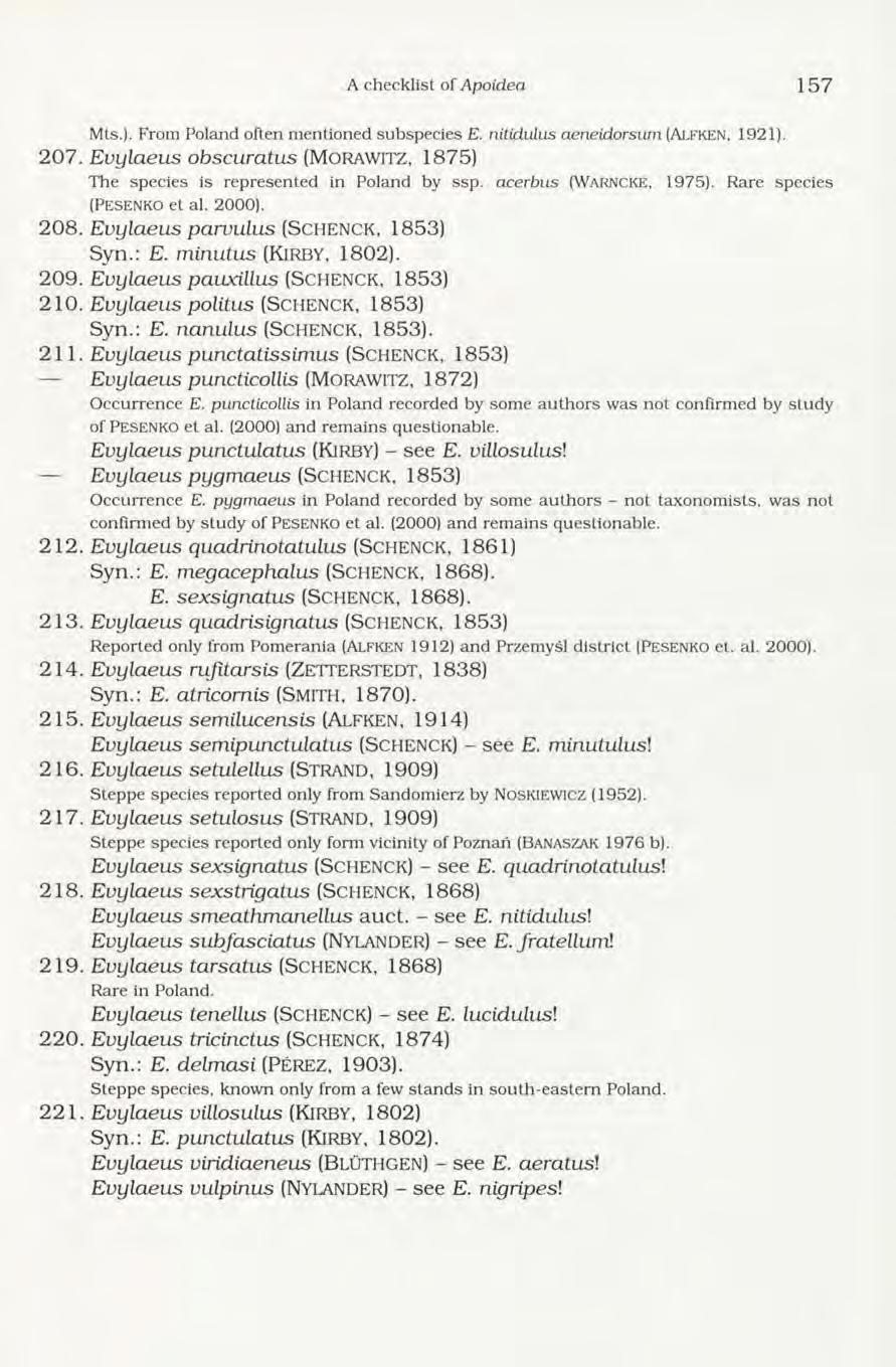 A checklist of Apoidea 1 5 7 Mts.). From Poland often m entioned subspecies E. nitidulus aeneidorsum (ALFKEN, 1921). 207.