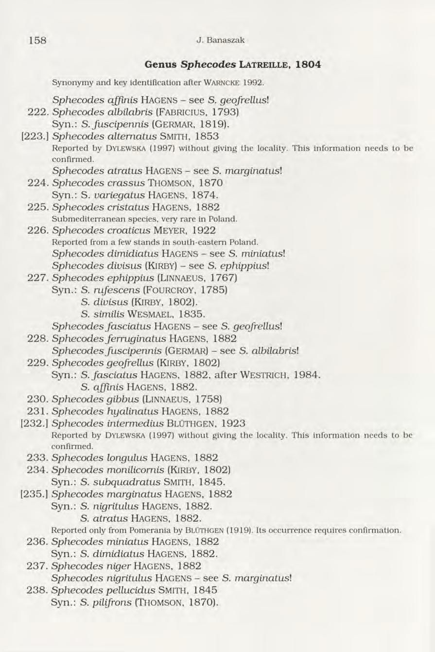 1 5 8 J. B anaszak G e n u s S ph ecodes L a t r e i l l e, 1 8 0 4 Synonym y and key identification after WARNCKE 1992. Sphecodes afllnis H a g e n s - s e e S. geofrellusl 222.