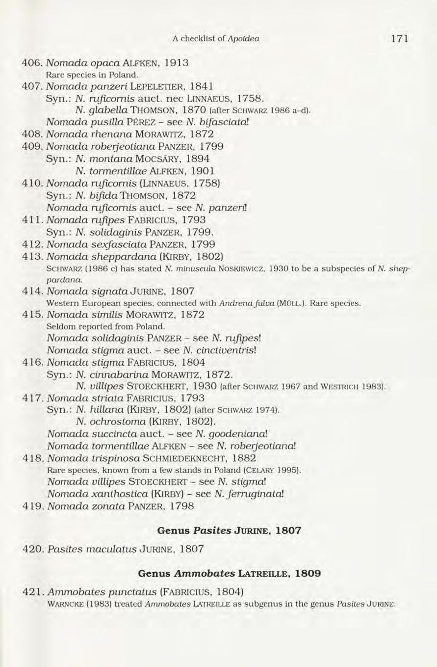 A checklist of Apoidea 171 406. Nom ada opaca Alfken, 1913 Rare species in Poland. 4 0 7. Nomada panzed L e p e l e t i e r, 1841 Syn.: N. m jicom is auct. nec LINNAEUS, 1758. N. glabella THOMSON, 1870 ( a fte r S c h w a r z 1 9 8 6 a - d ).