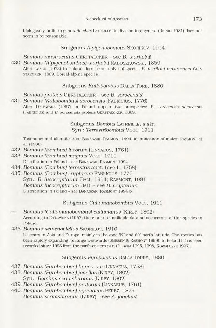 A checklist of Apoidea 1 7 3 b io lo g ic a lly u n if o r m g e n u s Bom bus L a t r e i l l e its d iv is io n in to g e n e r a (R e in ig 1 9 8 1 ) d o e s n o t s e e m to b e r e a s o n a b l