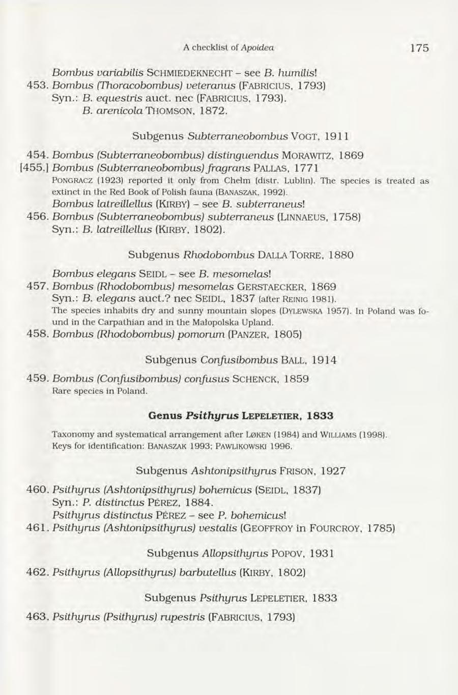 A checklist of Apoidea 1 7 5 Bom bus variabilis SCHMIEDEKNECHT - s e e B. humilisl 4 5 3. Bombus (Thoracobombus) veteranus (Fa b r ic iu s, 1793) S y n.: B. equestris a u c t.