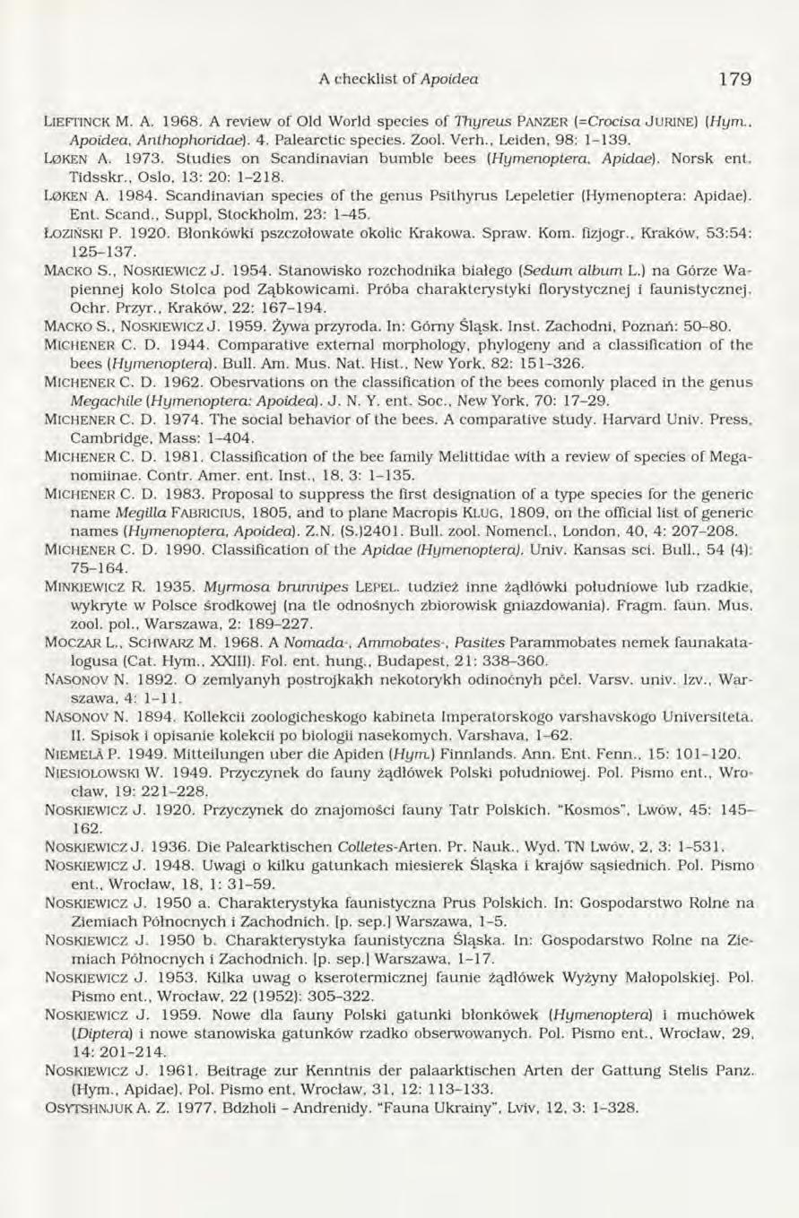 A checklist of Apoidea 1 7 9 Lie ft in c k M. A. 1968. A review of Old World species of Thyreus PANZER (-Crocisa J u r in e ) (Hym.. Apoidea, Anthophoridae). 4. Palearctic species. Zool. Verh.