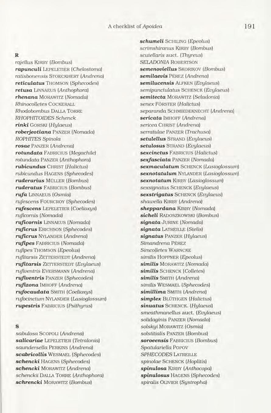 A checklist of Apoidea 191 R rajellus K ir b y (B o m b u s ) ra pu n cu li L e p e l e t i e r (Chelostoma) ratisbonensis S t o e c k h e r t (Andrena) re tic u la tu s T h o m s o n (Sphecodes)