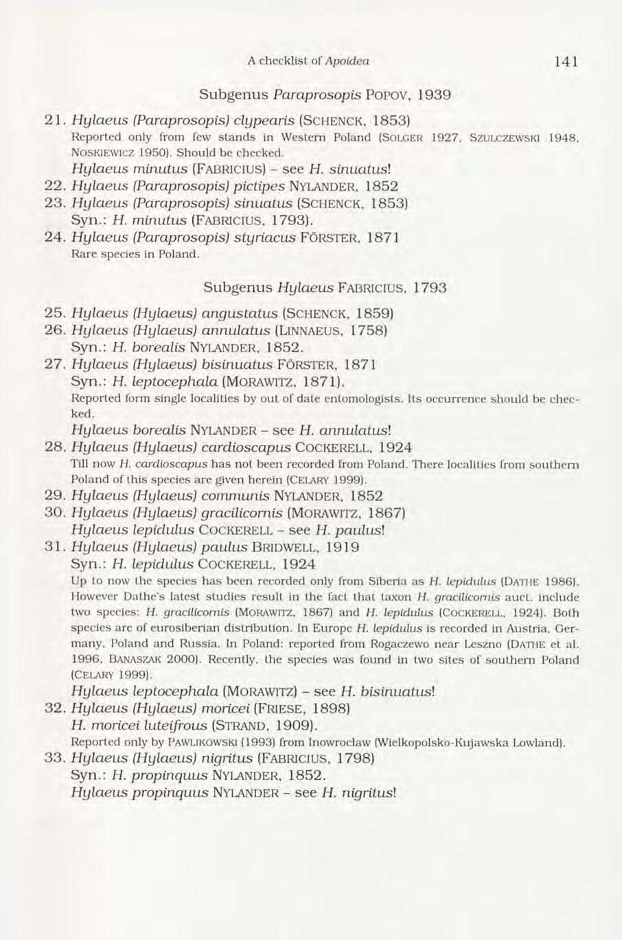 A checklist of Apoidea 141 Subgenus Paraprosopis Popov, 1939 21.
