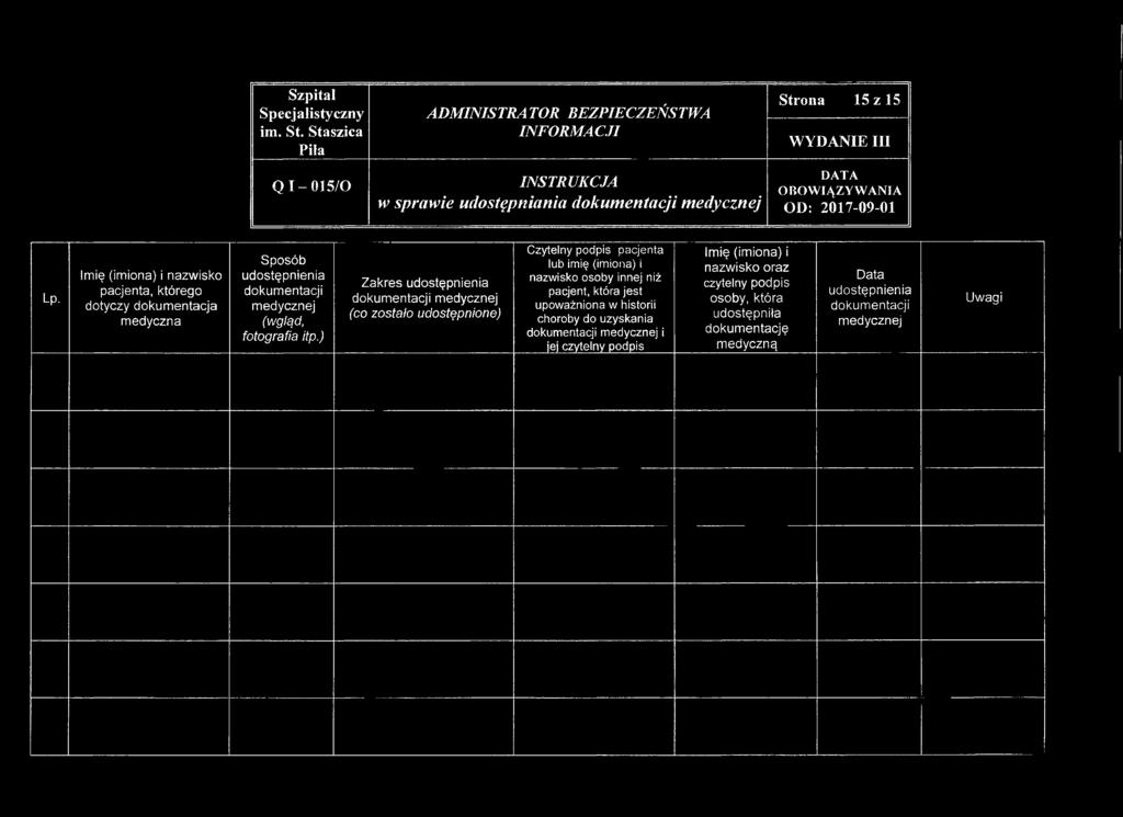 ) Zakres udostępnienia dokumentacji medycznej (co zostało udostępnione) Czytelny podpis pacjenta lub imię (imiona) i nazwisko osoby innej niż pacjent, która jest