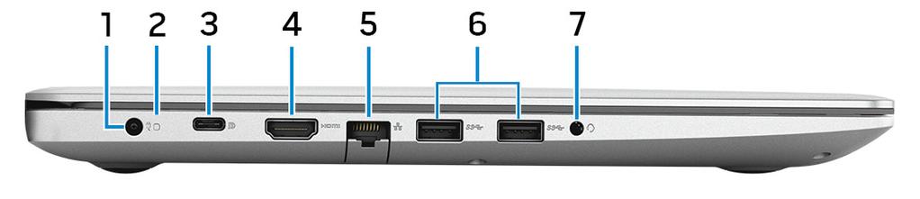 Widoki W lewo 1 Złącze zasilacza Umożliwia podłączenie zasilacza w celu zasilania komputera i ładowania akumulatora.
