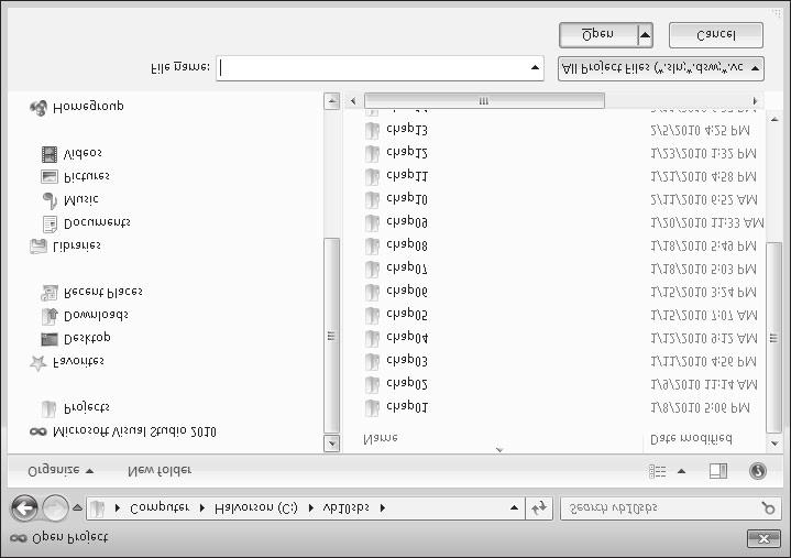 Wskazówka W oknie dialogowym Open Project, z lewej strony, widnieje kilka lokalizacji. Szczególnie przydatny jest folder Projects w ramach Microsoft Visual Studio 2010.