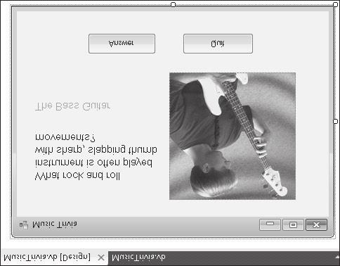 Formularz MusicTrivia w oknie Designer powinien wyglądać następująco: U góry okna Designer można zauważyć kartę zatytułowaną MusicTrivia.vb [Design].