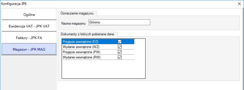 E. Gdy wysyłasz pliki JPK_MAG, uzupełnij wszystkie dane w zakładce : Magazyn JPK_MAG Nazwa magazynu wprowadź jakąś nazwę magazynu, będzie ona użyta w pliku JPK_MAG Dokumenty z których pobierane są