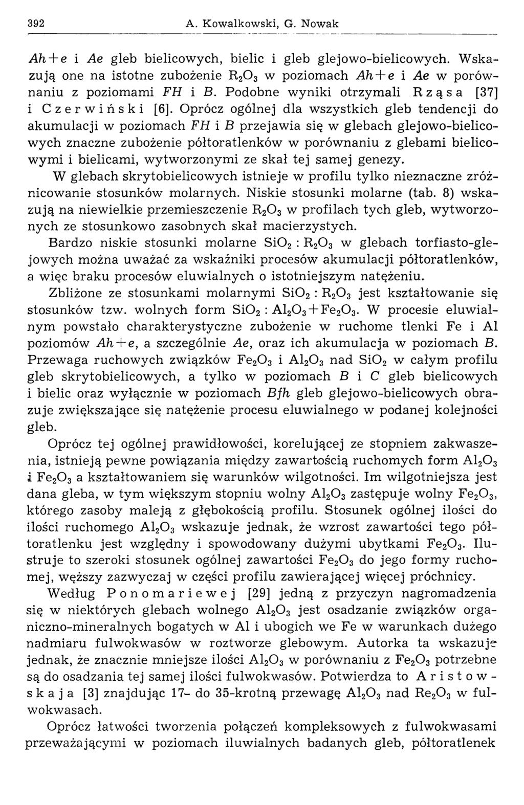 392 A. Kowalkowski, G. Nowak Ah + e i Ae gleb bielicowych, bielic i gleb glejowo-bielicowych. W skazują one na istotne zubożenie R20 3 w poziomach Ah + e i Ae w porównaniu z poziomami FH i B.