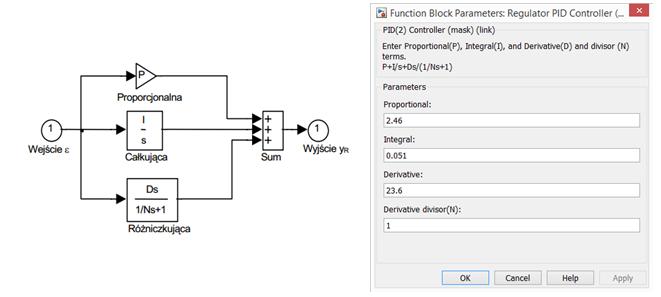 Człon opóźniający y(t) = u(t T 0 ) Regulator PID x(s) = e st 0 dε(t) y R (t) = K p {ε(t) + T d + 1 ε(t) T i = K x(s) p {1 + T d s + 1 } T i s Regulator PID stosowany w pakiecie Simulink programu