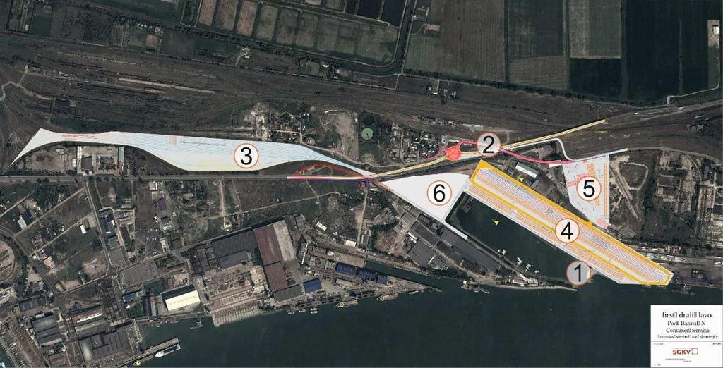 Pag 130 1. Cheul vertical are aproximativ 900 m lungime și se va realiza printr-o modernizare și o extindere a suprafeței bazinului prin execuția de umpluturi (investiție suportată de CN APDM). 2.