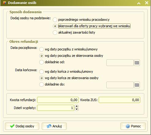 Okno definiuje parametry procesu dodawania nowych osób do listy.