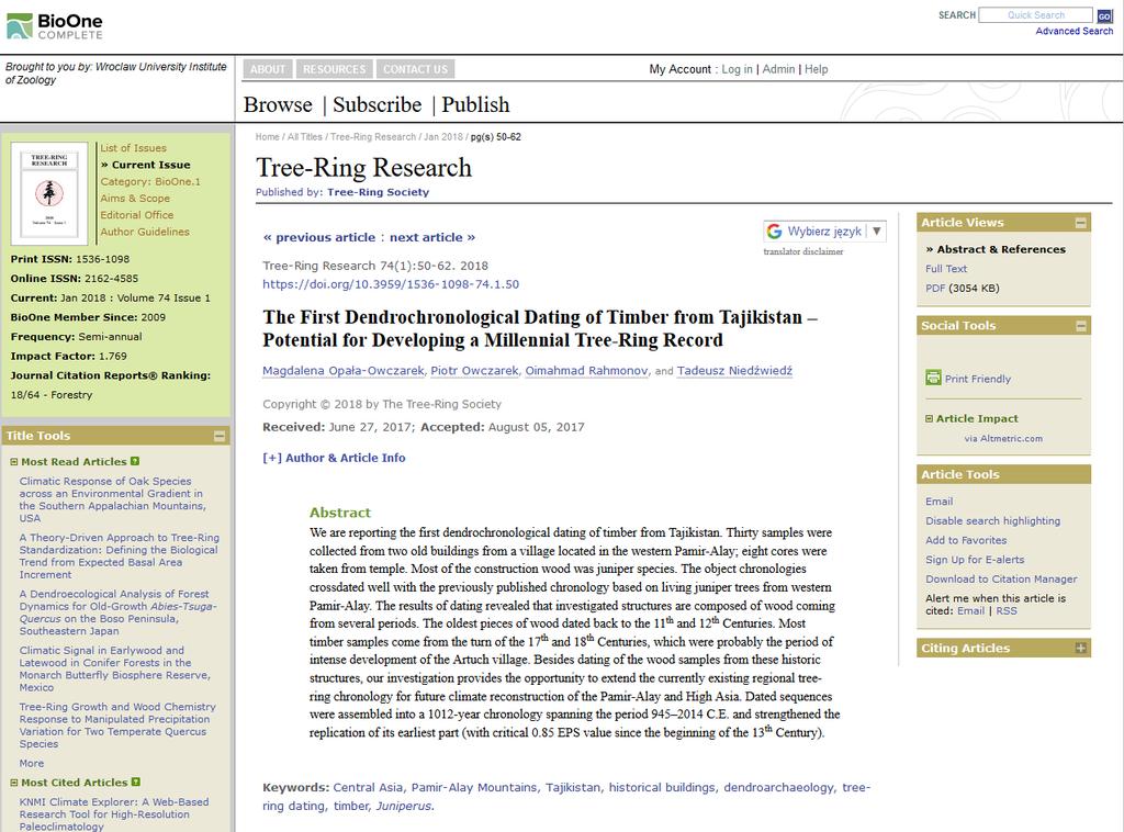 Publikacje W najnowszym numerze Tree-Ring Research (IF 1.769, 40 pkt.