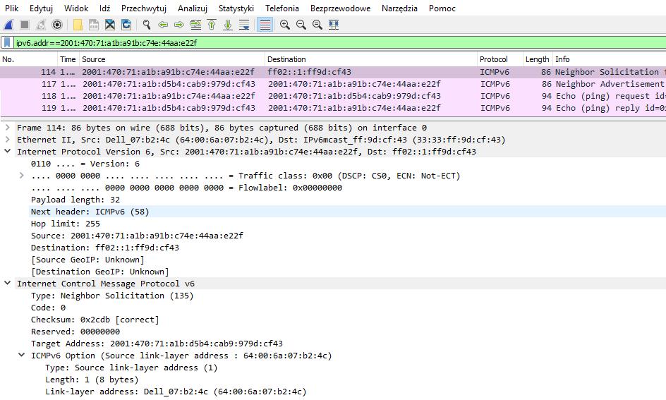 396 Rysunek 12. Przechwycona w programie Wireshark komunikacja związana z wydaniem komendy ping 2001:470:71:a1b:d5b4:cab9:979d:cf43.