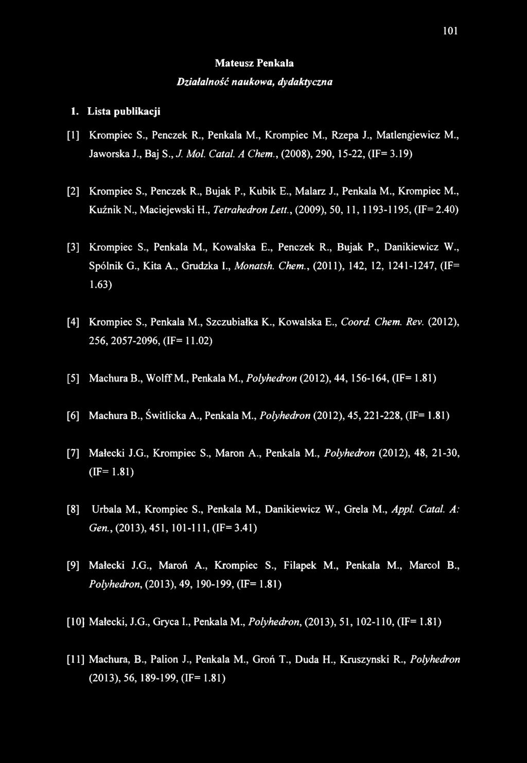 Mateusz Penkala Działalność naukowa, dydaktyczna 1. Lista publikacji [1] Krompiec S., Penczek R., Penkala M., Krompiec M., Rzepa J., Matlengiewicz M., Jaworska J., Baj S., J. Mol. Catal. A Chem.