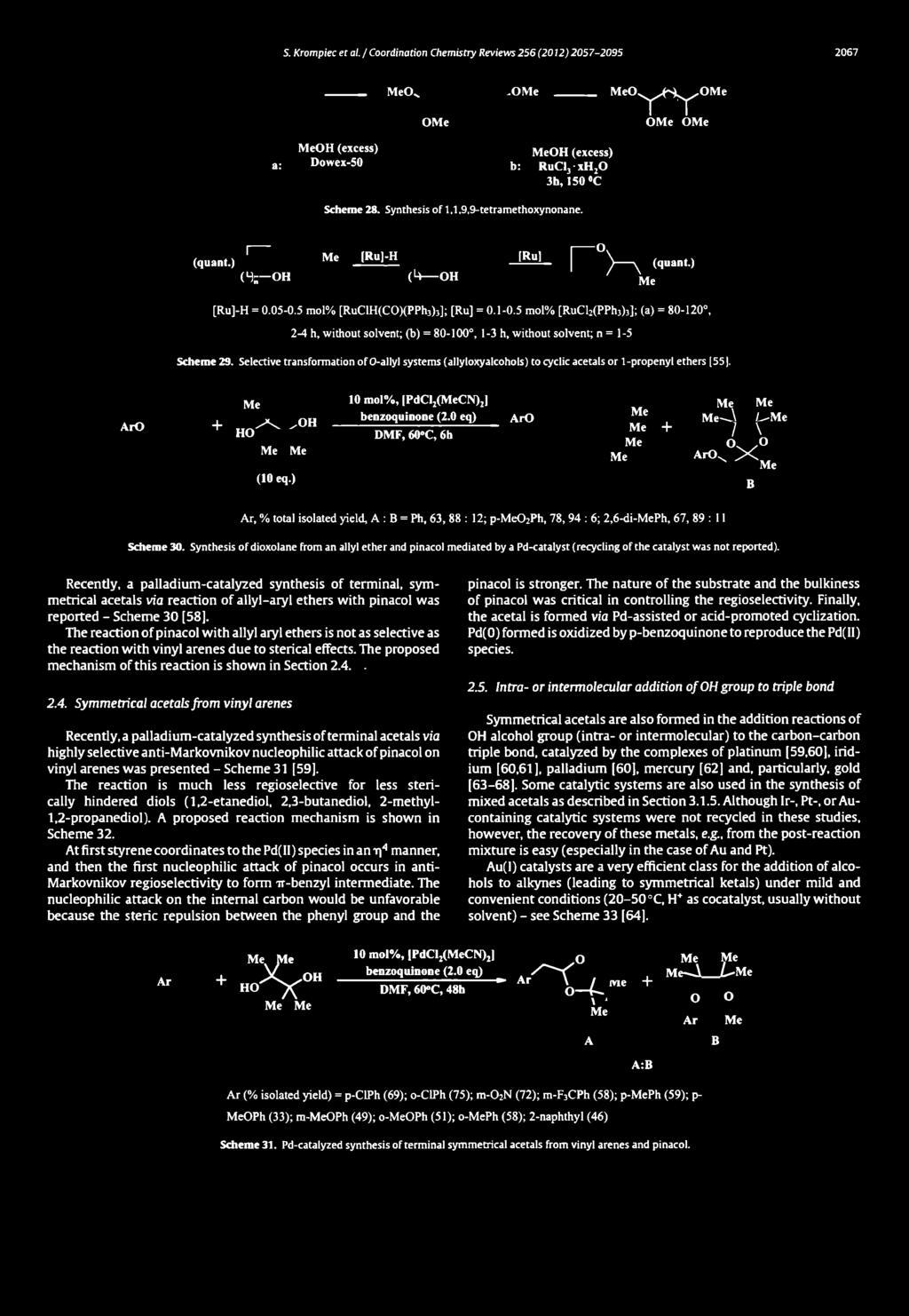 Me<X OMe -OMe MeO^^^S^^OMe OMe OMe MeOH (excess) a; Dowex-S0 MeOH (excess) b: RuCIj - xhzo 3h, 150 *C (quant.) (H t-o H Scheme 28. Synthesis of 1.1.9,9-tetramethoxynonane. Me [Ru]-H IRul (guant.