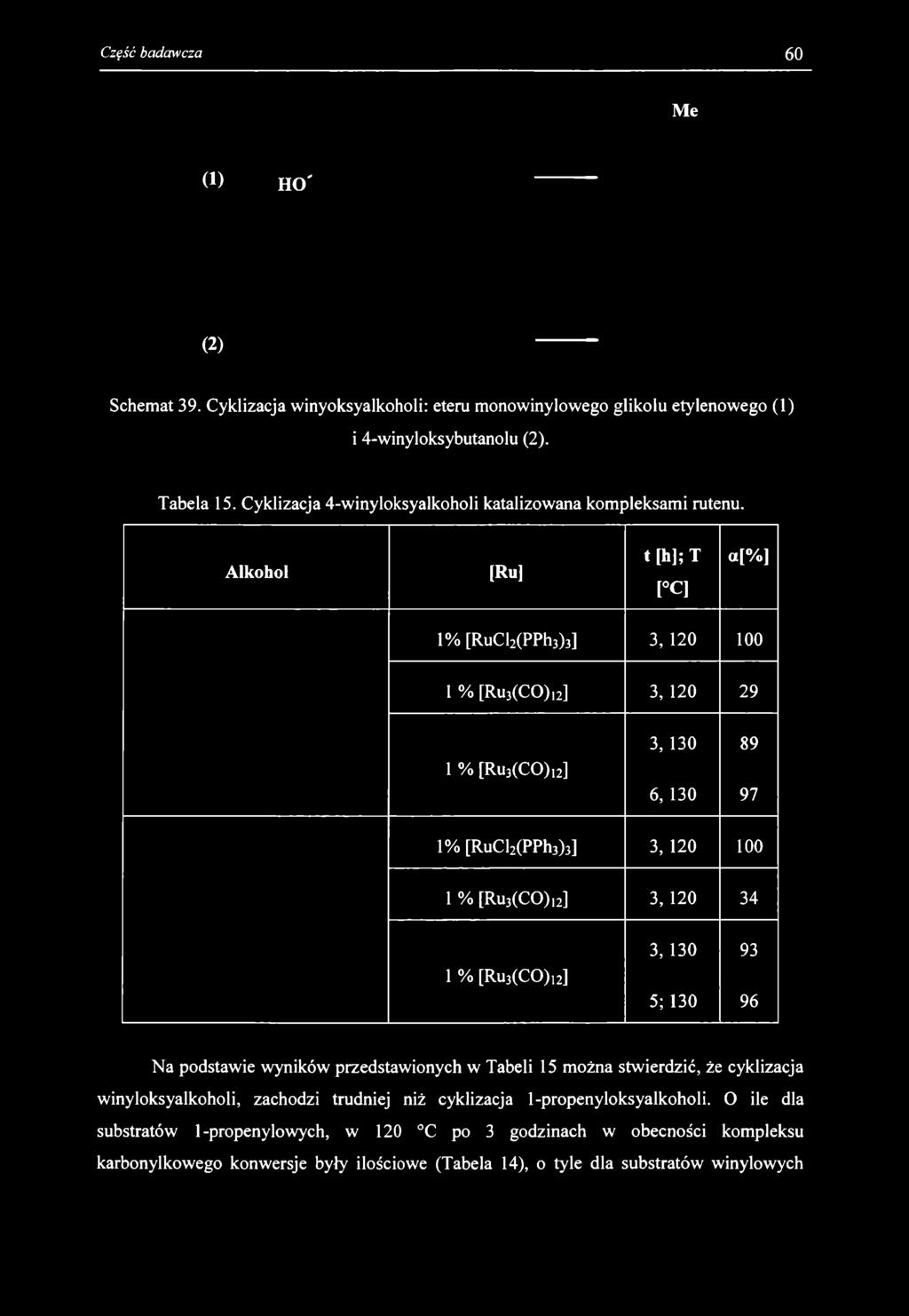 Me (!) HO' (2) Schemat 39. Cyklizacja winyoksyalkoholi: eteru monowinylowego glikolu etylenowego (1) i 4-winyloksybutanolu (2). Tabela 15.