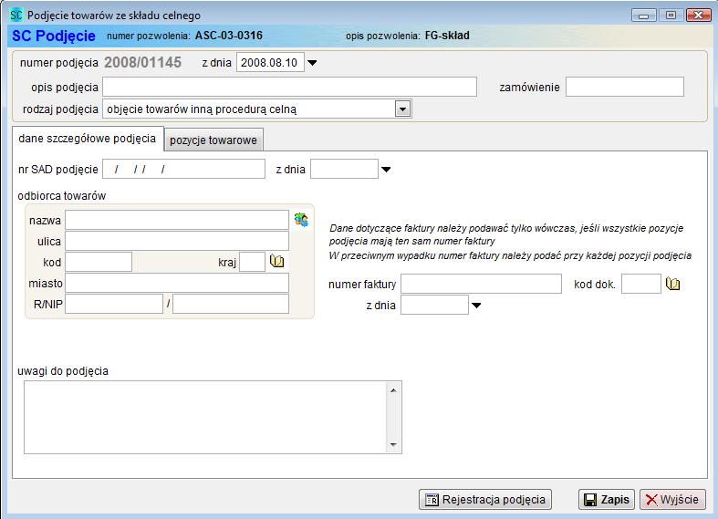7.1 Nowe podjęcie towarów SC Po wybraniu na liście dokumentów WZ funkcji <Dodaj>, na ekranie wyświetlane jest okno z danymi podjęcia. Pola podjęcia należy wypełnić zgodnie z poniższymi uwagami.