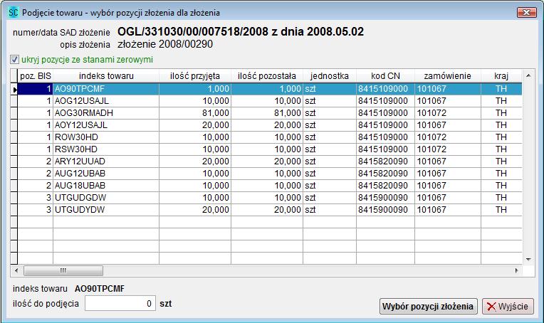Na liście widoczne są wszystkie pozycje wybranego złożenia (można ukryć pozycje z zerowym stanem bieżącym).