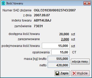 Dane wybranej pozycji złożenia zostaną przeniesione do listy rozliczanych złożeń pozycji towarowej WZ.