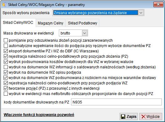 3 Parametry Parametry modułu są dostępne dla wszystkich użytkowników posiadających uprawienia do modułu SC / MC. Okno parametrów jest dostępne z menu Skład/Magazyn Celny / Parametry.
