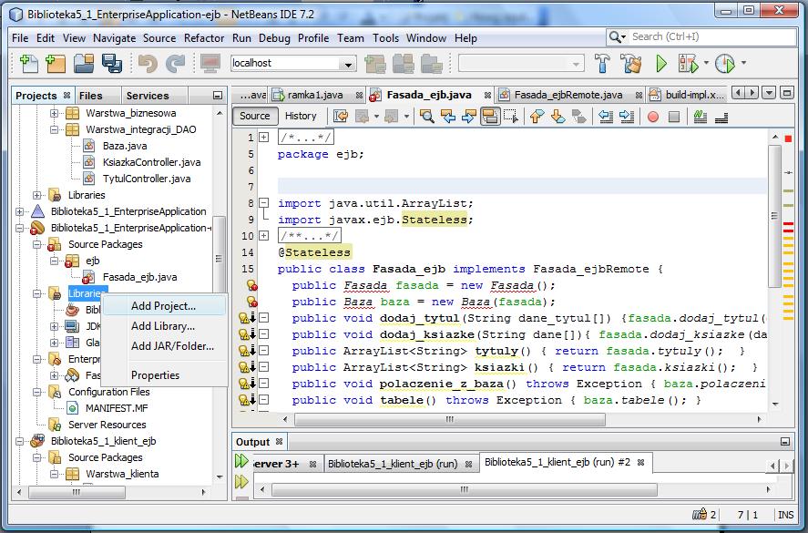 (7) Dodanie w projekcie Biblioteka5_1_EnterpriseApplication-ejb dostępu do klas zdefiniowanych w projekcie Biblioteka5_1 (prawy
