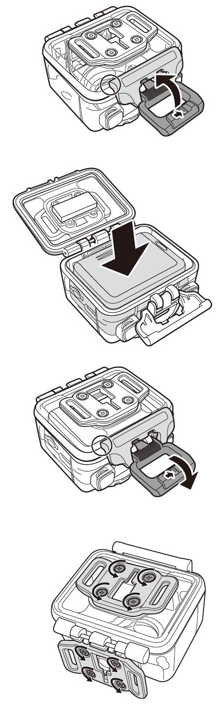 Jak używać akcesoriów Wodoodporny pokrowiec 1. Zwolnij blokadę pokrowca i otwórz go. 2. Umieść kamerę w pokrowcu. 3.