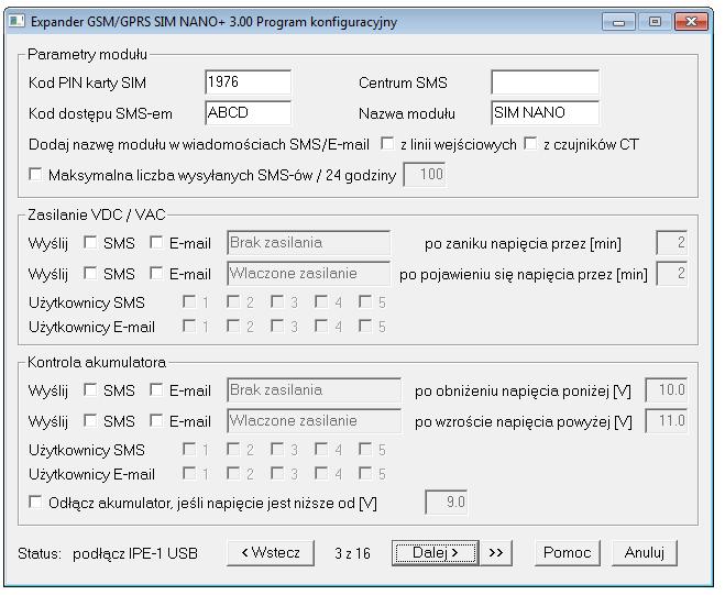 Parametry modułu zakładka 3/16 Kod PIN karty SIM Wpisać kod przydzielony do karty, która jest umieszczona w module, jeśli karta jest kartą niewymagającą kodu PIN należy odznaczyć te opcje.