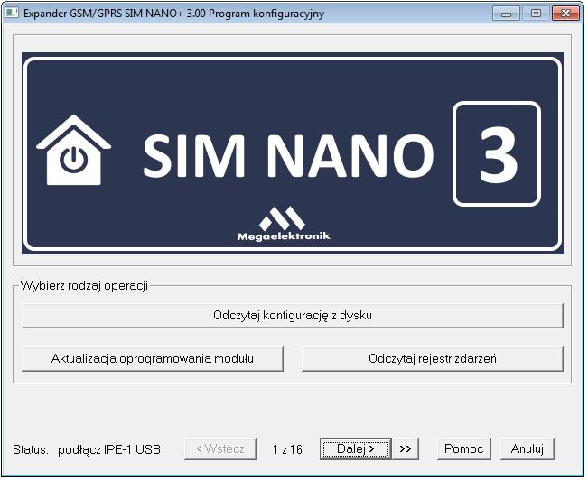 Konfiguracja modułu Expander SIM NANO 3 zakładka 1/16 Status - znajduje się w lewym dolnym rogu okna programu PC oraz zmienia się w zależności od aktualnego stanu.
