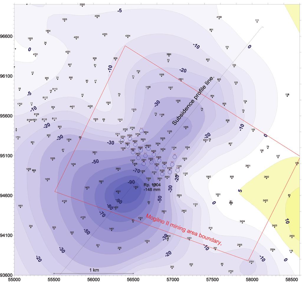 Land subsidence caused by solution mining of the Mogilno salt dome 179 The distribution of subsidence on the Palędzie I mining field in 1986 2009 is shown in Figure 2.