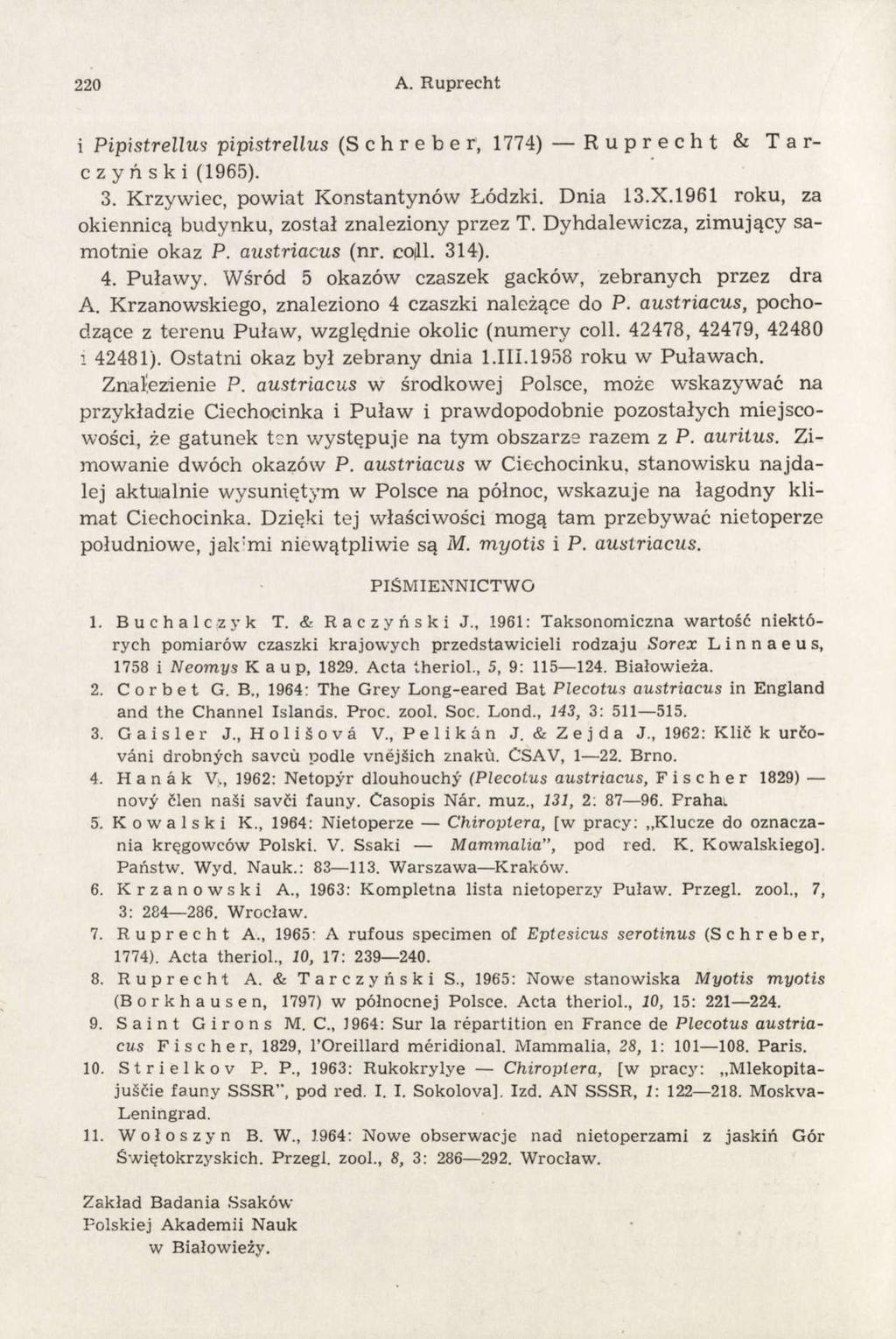 220 A. Ruprecht i Pipistrellus pipistrellus (Schreber, 1774) Ruprecht & Tarczyński (1965). 3. Krzywiec, powiat Konstantynów Łódzki. Dnia 13.X.