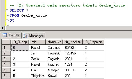 Rys. 5 Wynik wyświetlenia całej zawartości tabeli Osoba_kopia wyświetlenie dwóch kolumn: Nazwisko i Imie.