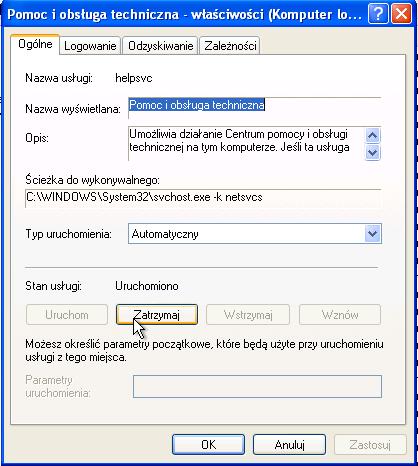 Co to jest Stan usługi? Kliknij prawym przyciskiem myszy na Pomoc i wsparcie>właściwości.