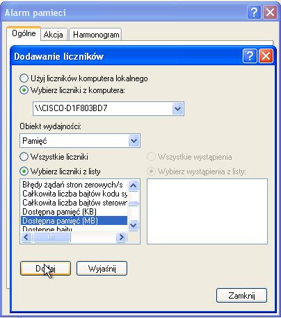 Ustaw pole "Obiekt wydajności" na Pamięć. Ustaw pole "Wybierz liczniki z listy" na Dostępna pamięć (MB). Kliknij Dodaj> Zamknij.