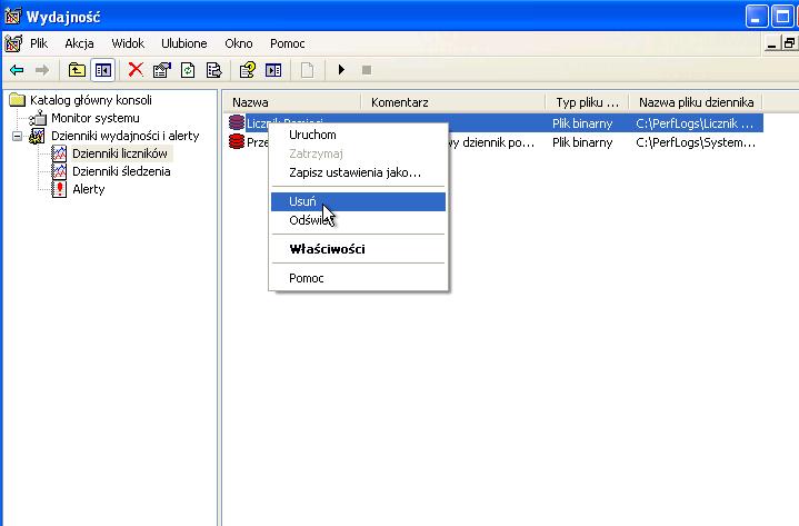 Wybierz Alerty> kliknij prawym przyciskiem myszy Alert pamięci> Usuń. Otwórz dysk C:. Kliknij prawym przyciskiem myszy folder PerfLogs.